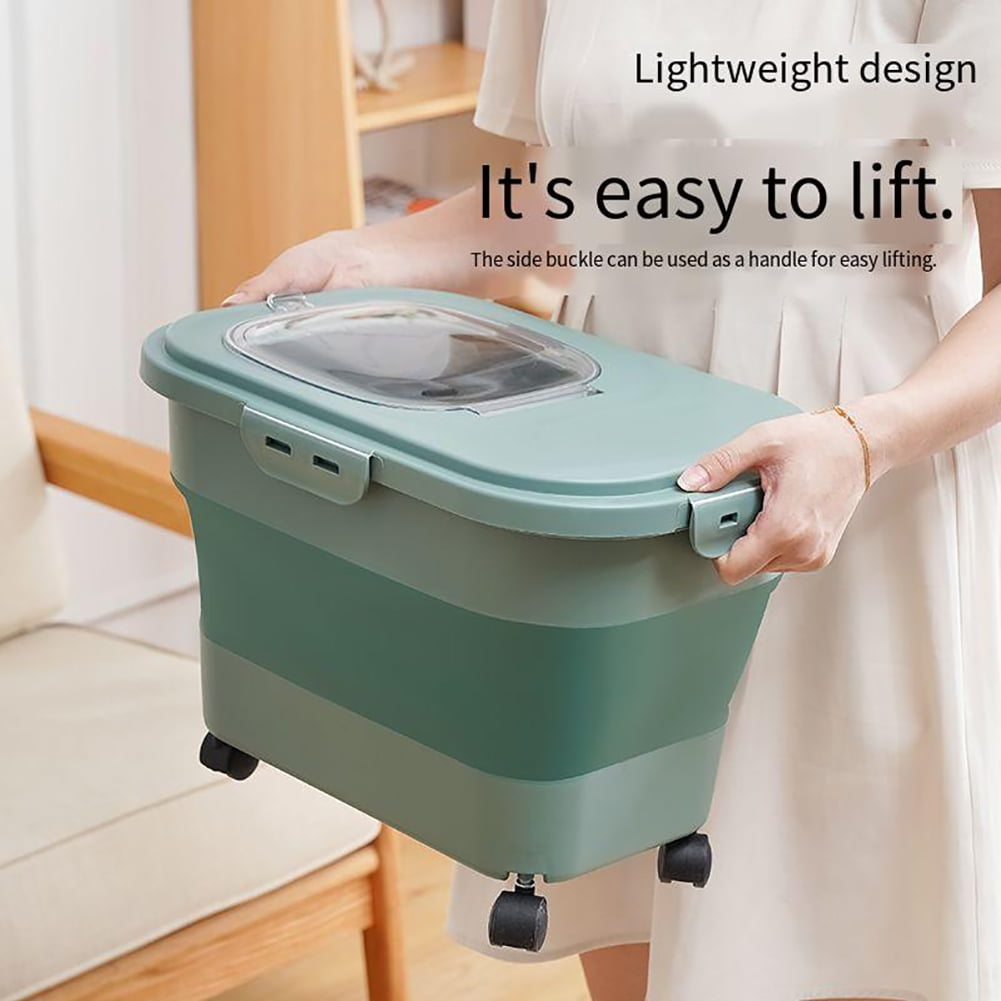 25 Lbs Dispenser Bin with Rolling Wheel Airtight Locking Lid, Cereal Rice Food Storage Containers, Dog Pet Flour Sugar Plastic Leakproof Sealable Large Kitchen Pantry Holder Green