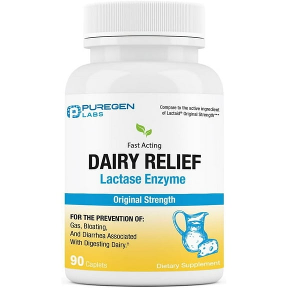 Puregen Labs Dairy Relief Lactase Enzyme 3000 FCC - Lactose Intolerance Pills - 90 Fast Acting Caplets - 1PK