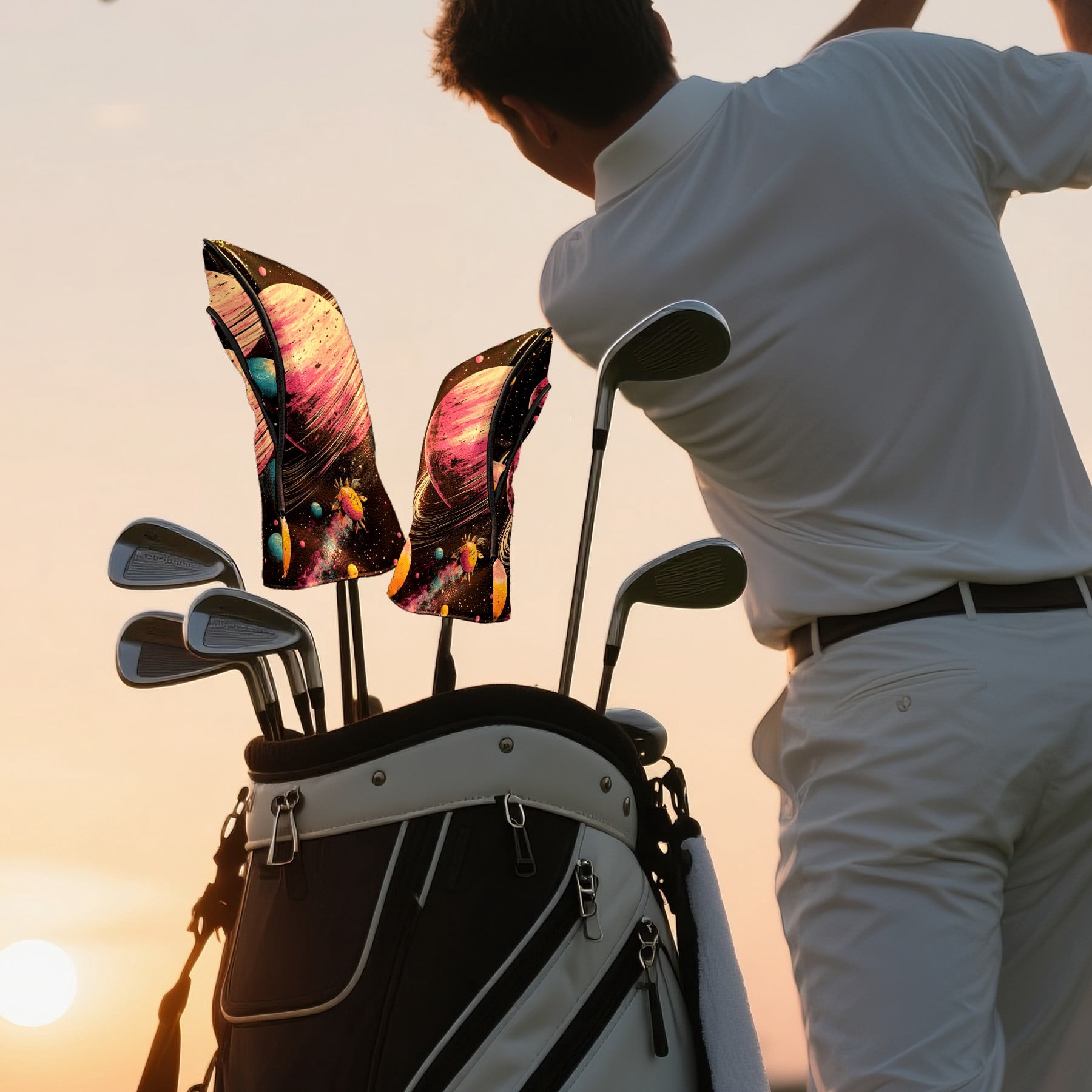 Golf Club Covers PU Leather Waterproof Head Covers for Fairway Woods Hybrids Anime Space Unisex Fits Most Brands