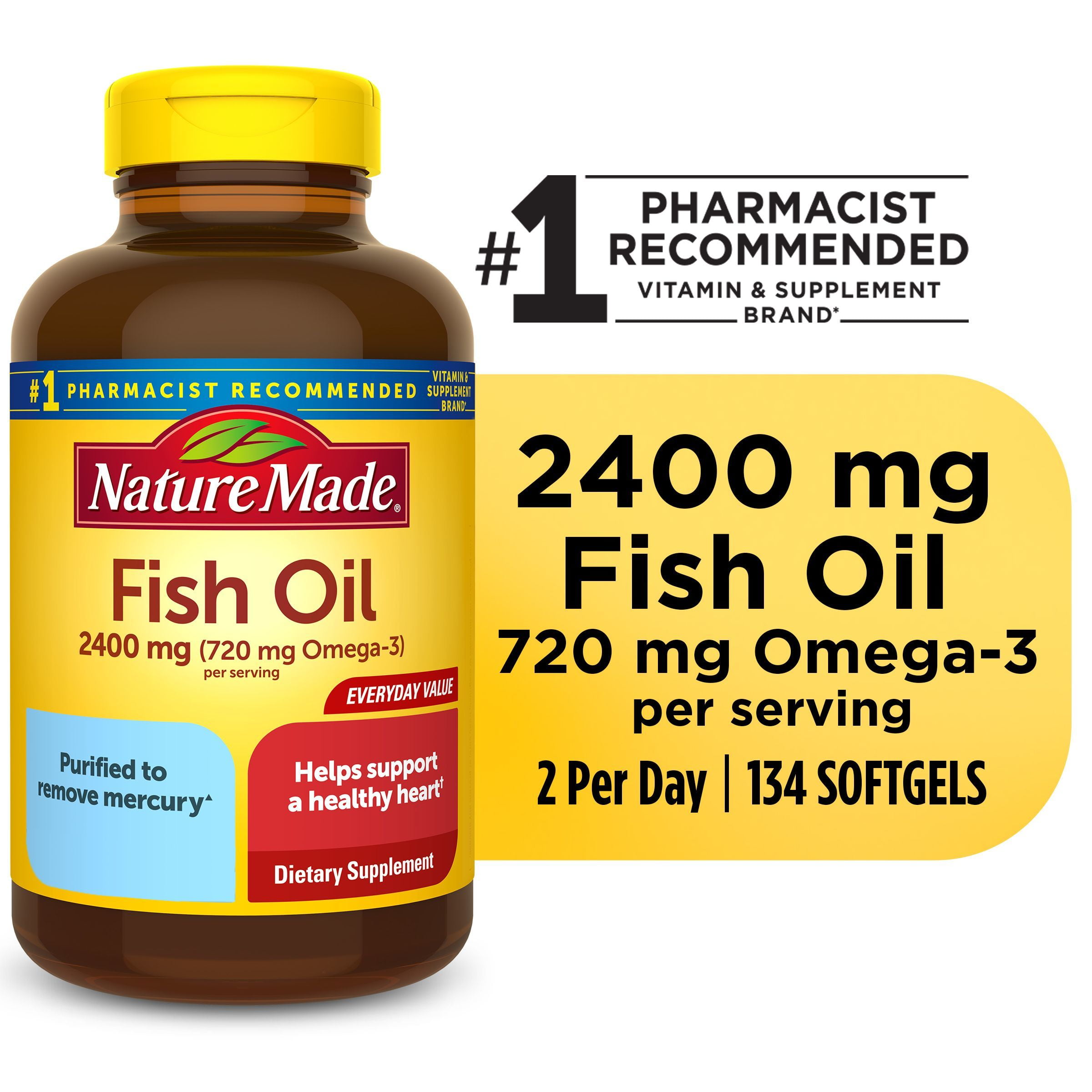 Nature Made Fish Oil 2400mg Per Serving Softgels, Omega 3 Fish Oil Supplements, 134 Count