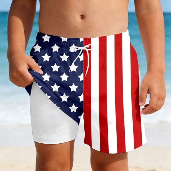 SXCXLSA Boys Double Layer American Flag Swim Trunks 4th of July Beach Shorts Blue 5-6 Y