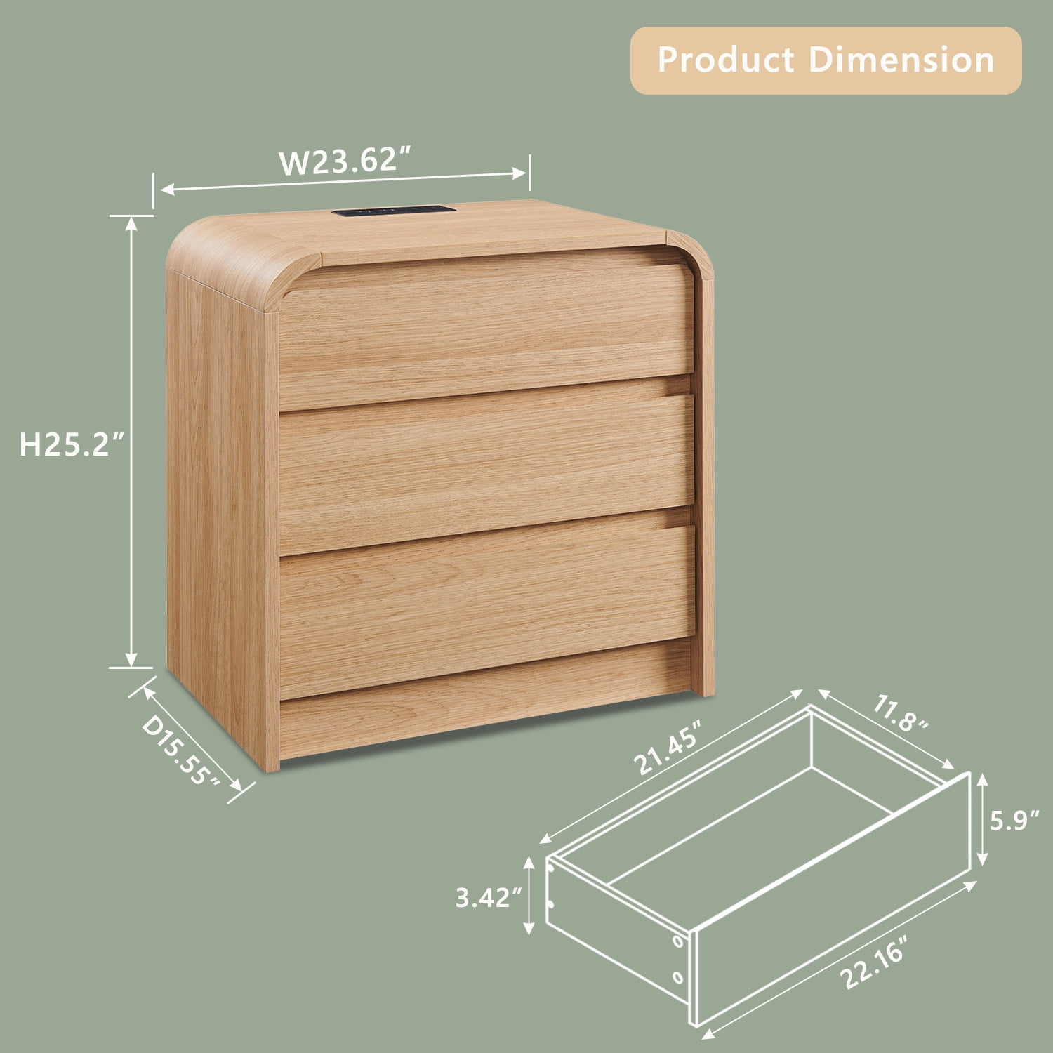 wow97e Modern Nightstand with Charging Station, 3 Drawer Wood Bedside Table w/Curved Profile Design for Bedroom