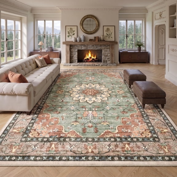 9x12 Washable Area Rugs for Living Room, Vintage Distressed Medallion Rugs Vacuum-Friendly, Non-Slip Large Area Rug for Bedroom