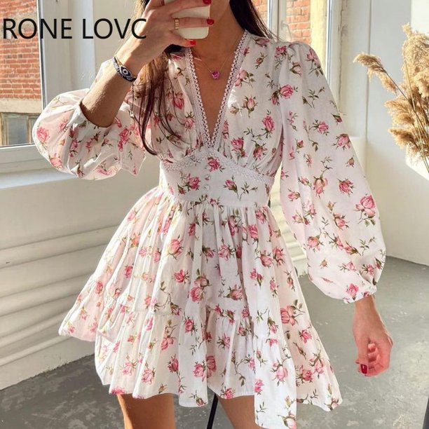Women Floral V neck Puff Sleeve Lace Sweet Short DressS Gao Jinjia LED