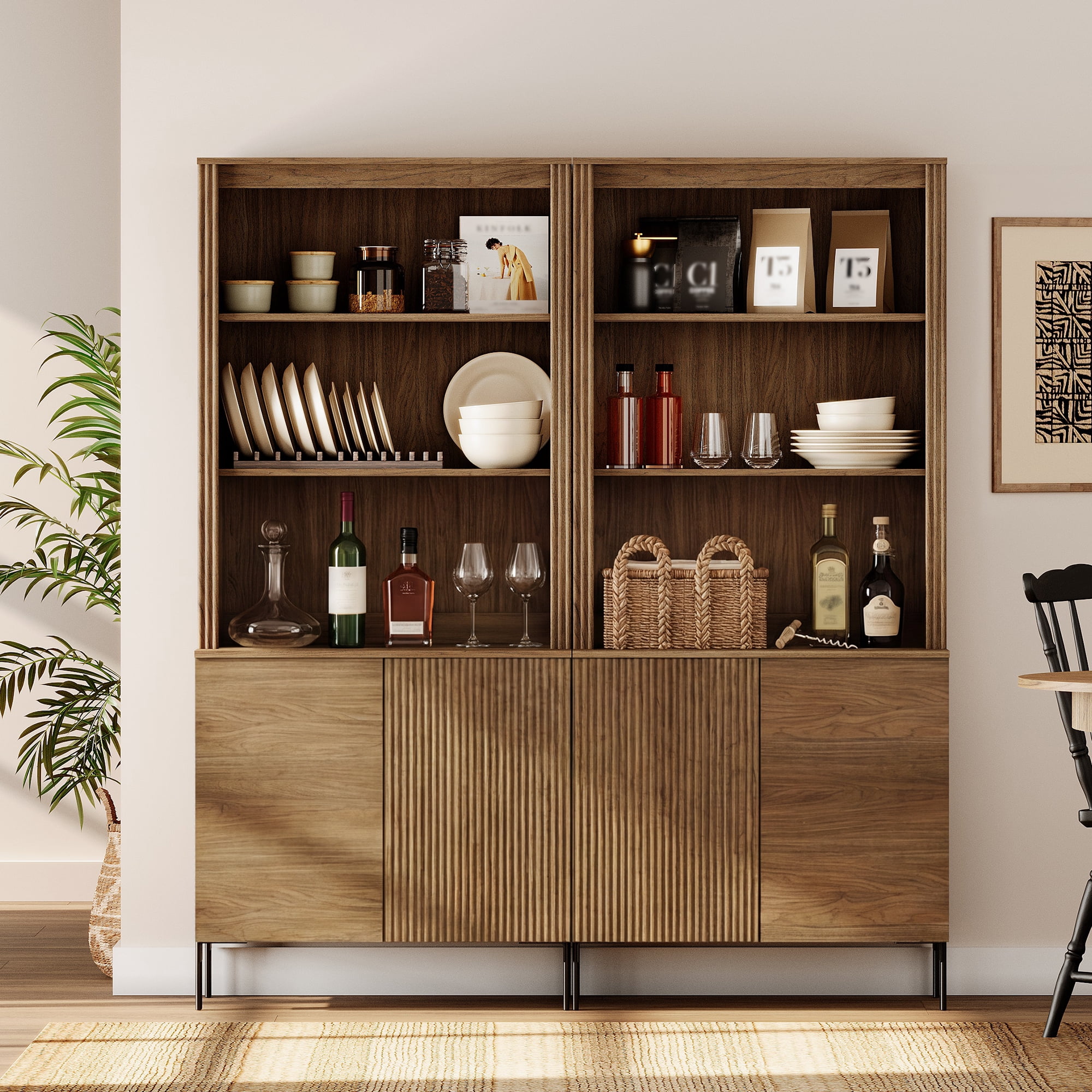 63"W Fluted Kitchen Hutch Sideboard with Adjustable Shelves, Wooden Modern Buffet Hutch Cabinet with 4 Doors And 10 Tier Shelves