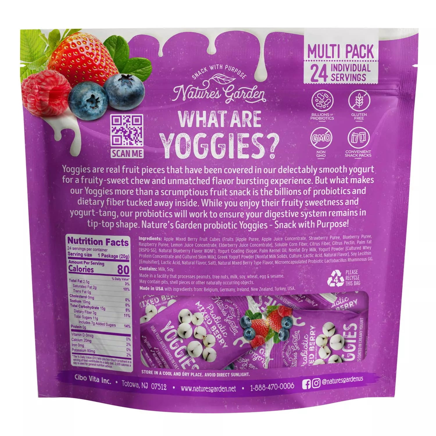 Natures Garden Probiotic Mixed Berry Yoggies , Fruit Snacks, 24 CT.