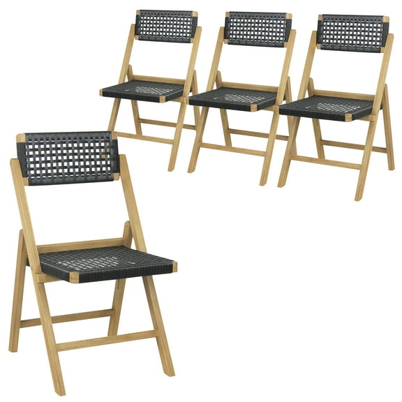 Gymax 4PCS Folding Chairs w/ Woven Rope Seat & High Back Indonesia Teak Patio