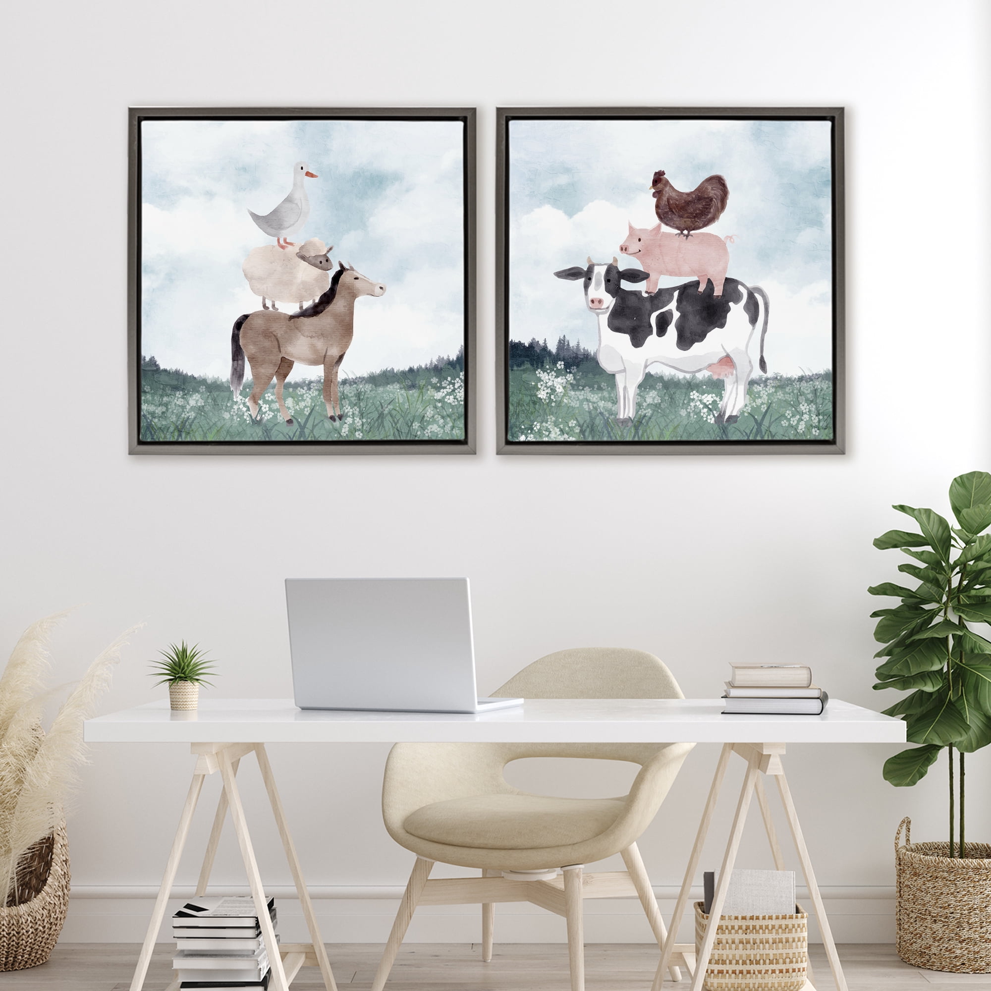 Stupell Industries Stacked Animals Blue Sky Farm 2 Piece Gray Framed Floater Canvas Set, design by Kim Allen