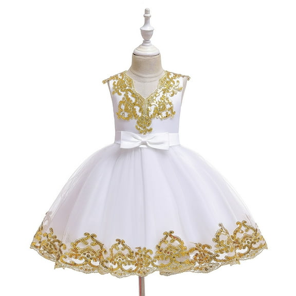 Girls White Dress with Gold without Sleeve For Wedding, Graduation, Birthday and Pageant ages 1-11 years old