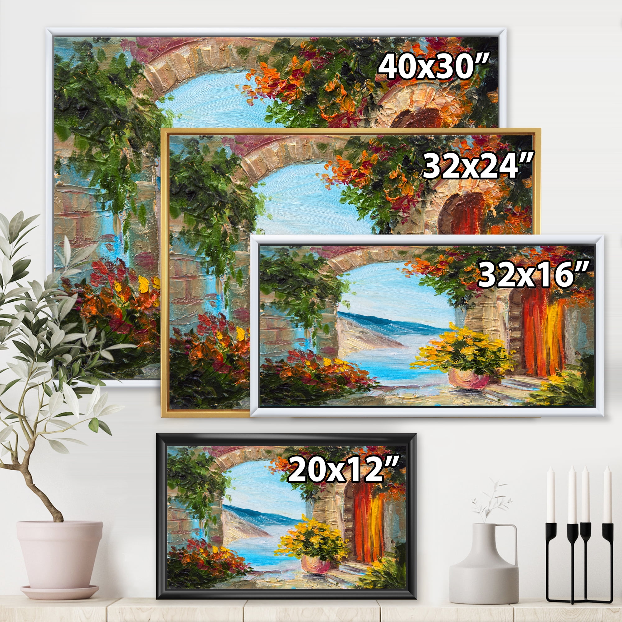 House With Colorful Flowers Near The Sea Summer Season 32 in x 24 in Framed Painting Canvas Art Print, by Designart