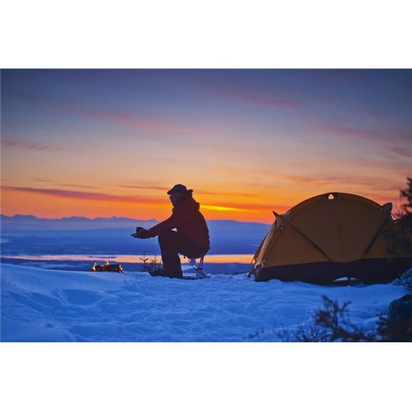 Posterazzi DPI12256410LARGE A Backpacker Warms His Hands Over A Campfire at A Campsite High in The Chugach Mountains Overlooking Kinik Arm & Cook Poster Print - 38 x 24 in. - Large
