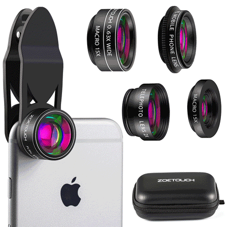 Zoetouch Phone Camera Lens Kit, 5 in 1 Zoom  Universal Telephoto Lens Wide Angle Lens Macro Lens Fisheye Lens CPL Lens, Clip on Cell Phone Camera Lenses for iPhone, Samsung, Other Android (Best Clip On Lens For Iphone)
