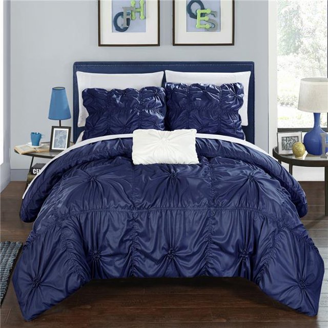 Chic Home DS2248-US 4 Pièce Monet Floral Pincée Pli Froissé Designer Embelli Grand Housse de Couette Ensemble, Bleu Marine