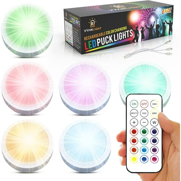 VYANLIGHT LED Puck Lights, Color Changing Rechargeable Light,16 Colors RGB Lighting,6 Pack