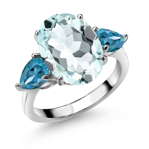 Gem Stone King 7.24 Cttw Sky Blue Simulated Aquamarine and London Blue Topaz Ring for Women | 925 Sterling Silver | 14X10MM Oval and 7X5MM Pear Shape (Size 9)