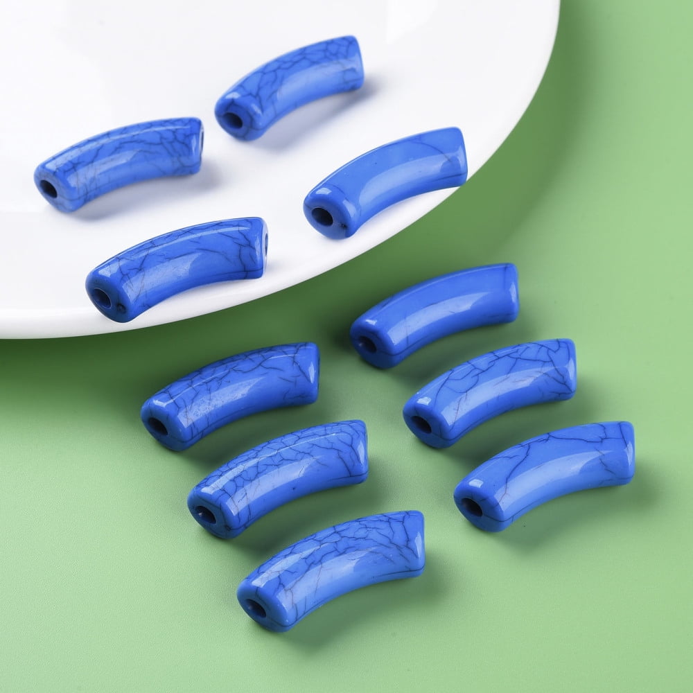 Opaque Crackle Acrylic Beads Curved Tube Medium Blue 36x13.5x11.5mm Hole: 4mm about 148pcs/500g