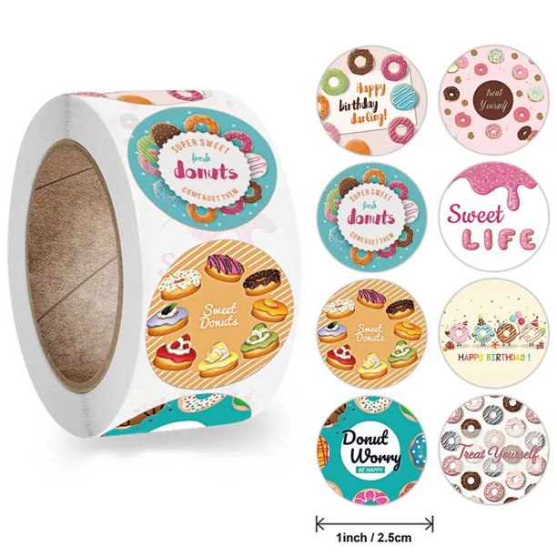 Pegatinas de Donuts hechas a mano, 8 diseños, etiquetas para pasteles, pan y hornear, 100-500 unidades