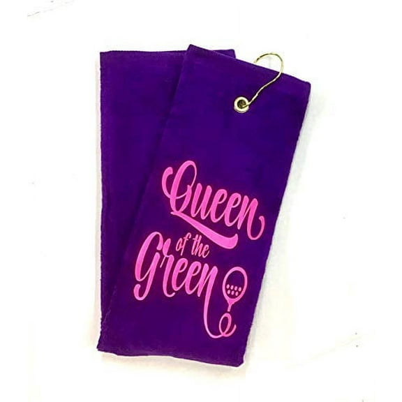 Neon Pink on Purple - Queen of The Green Girl Woman Tri-fold Golf Towel with Grommet & Hook Club Ball Tee Golfing Gift Birthday Variety Colors Towels Vinyl