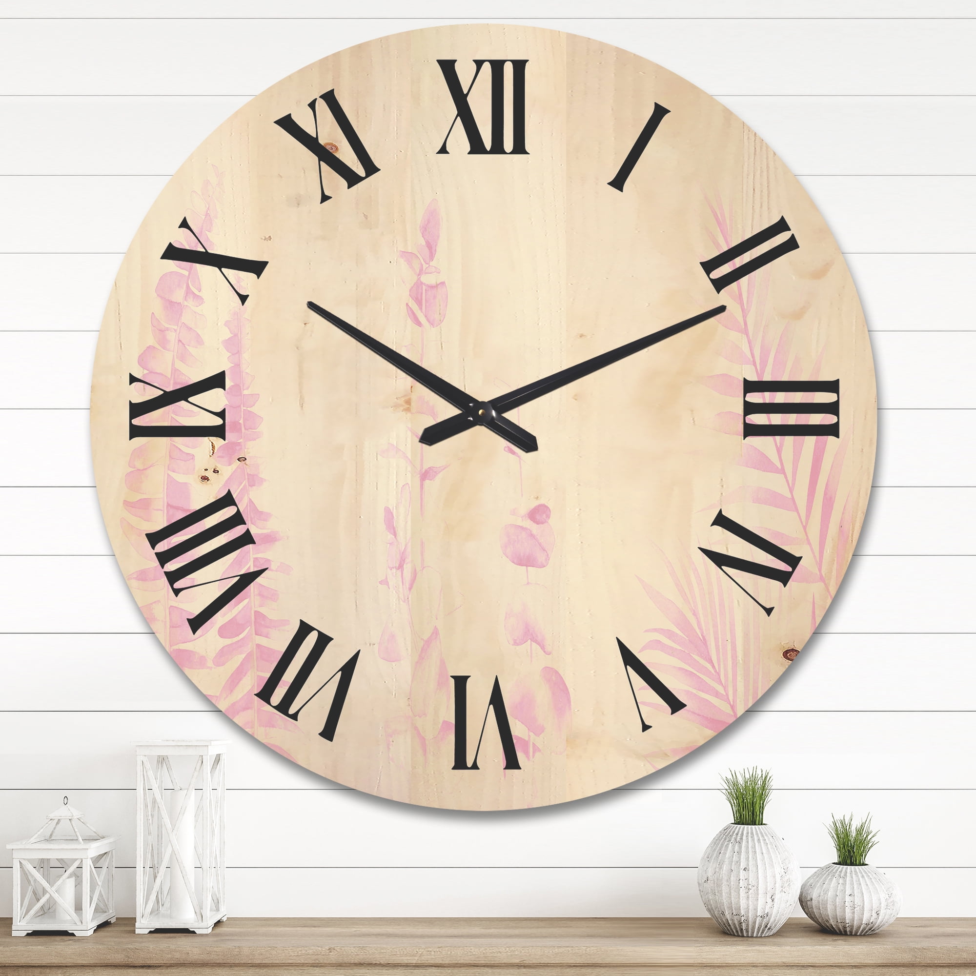 Designart 'Palm Branches and Blush Pinkeucalyptus' Shabby Chic Wood Wall Clock