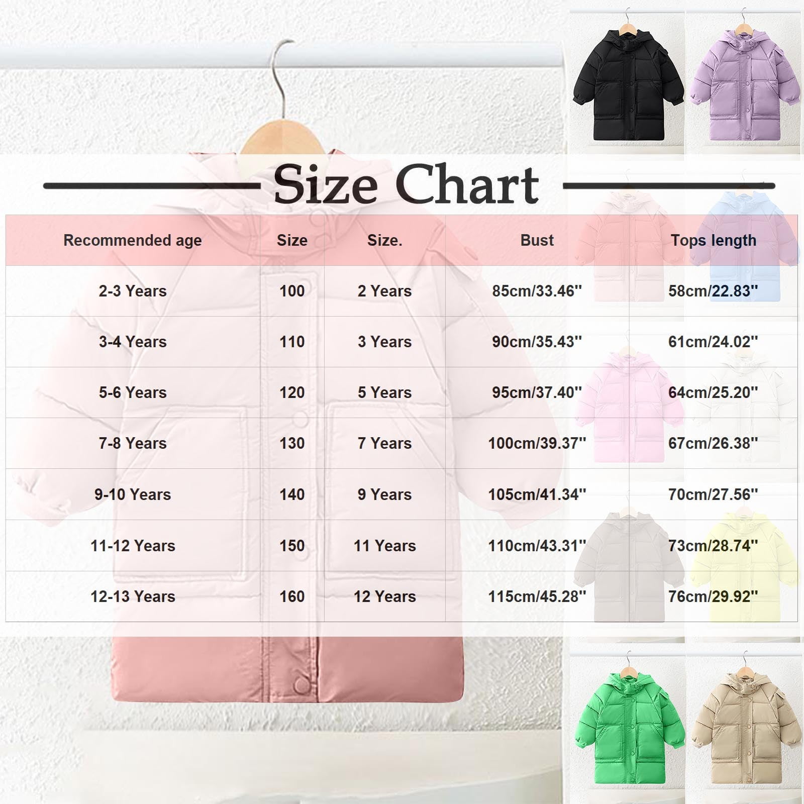 Ashirexll Kids Hooded Puffer Coat for 2-13 Years Mid-Length Thickened Casual Winter Jacket