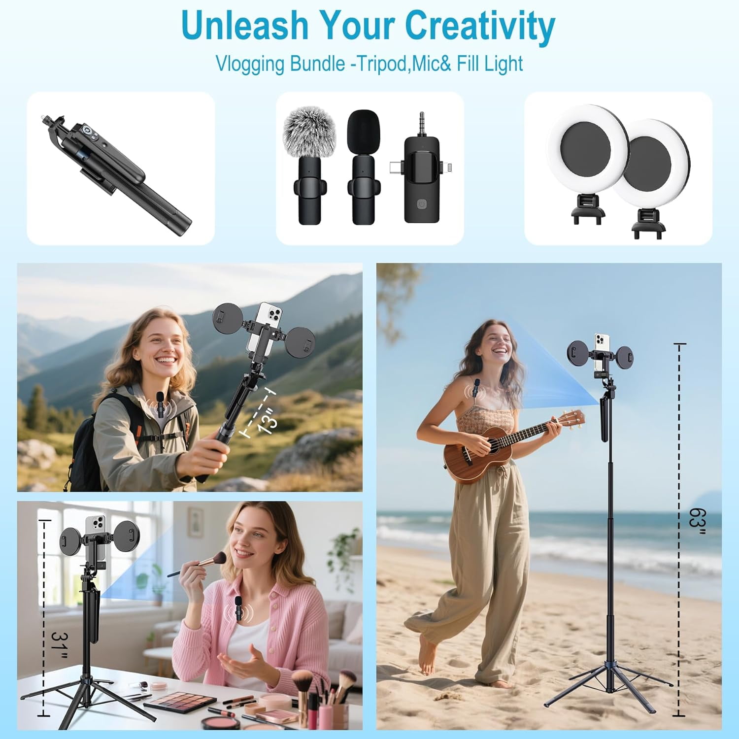 Vlogging Kit for iPhone/Android, 63”Auto Face Tracking Tripod for iPhone with Light, Microphones, Scrolling Remote Control for TikTok, Content Creator Kit for YouTube Starter Live Streaming