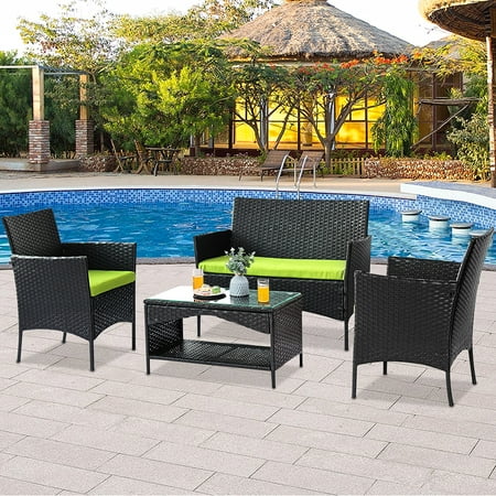 Wicker Patio Furniture Sets 4 Piece Outdoor Conversation Set with Glass Dining Table Loveseat & Cushioned Wicker Chairs Modern Rattan Patio Furniture Set for Yard Porch Garden Poolside L3124