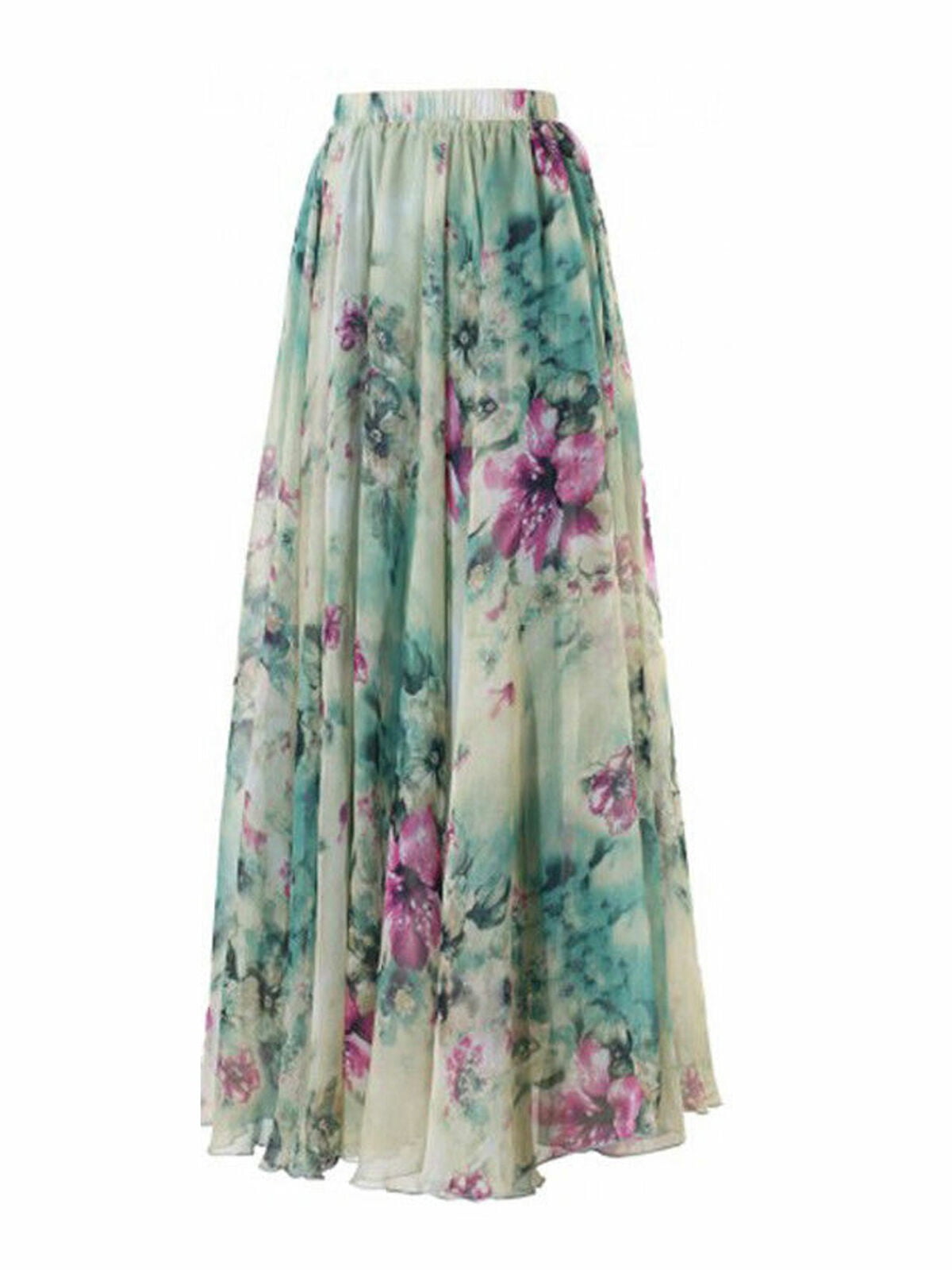 Suefunskry Women's Floral Chiffon Pleated Long Maxi Dress High Waist ...