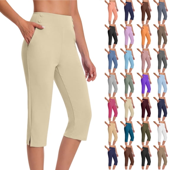 Bloomae Plus Size Work Pants for Women Summer High Waisted Stretchy Capris Dressy Casual Side Slit Golf Capri Pants Pull On Slacks with Pockets & Button Decor