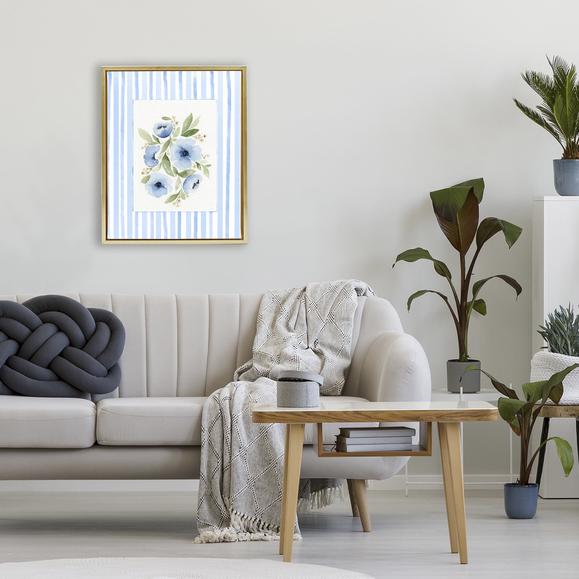 Stupell Industries Flowers With Stripe Border Gold Framed Floater Canvas Wall Art, design by Leah Noel Art