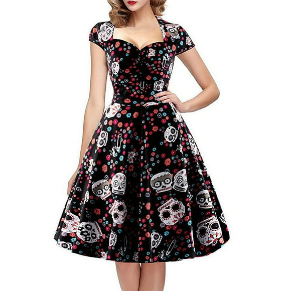 women's polka dot sugar skull retro rocker retro country rock cocktail dress cap sleeve XL