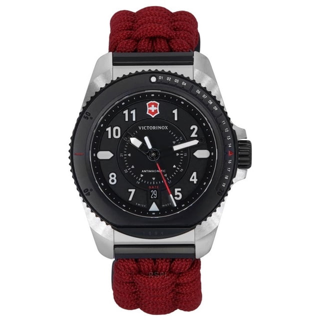 victorinox journey 1884 limited edition paracord strap black dial quartz diver's 242016-1 200m men's watch with gift set — Vista frontal de reloj de buceo con caja de acero inoxidable y bisel giratorio negro, esfera negra con logo Victorinox a las 12, índices numéricos, manecillas luminiscentes y ventana de fecha a las 6; segundero rojo y correa trenzada de paracord roja en nylon. Resistencia al agua de 200 m. También suele usarse como pieza de colección o regalo en actividades al aire libre.