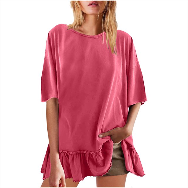 Plebaso T-shirts Surdimensionnés pour Femmes, Ourlet à Volants, Manches Courtes, T-Shirts Amples Décontractés à Col Rond, Hauts d'Été