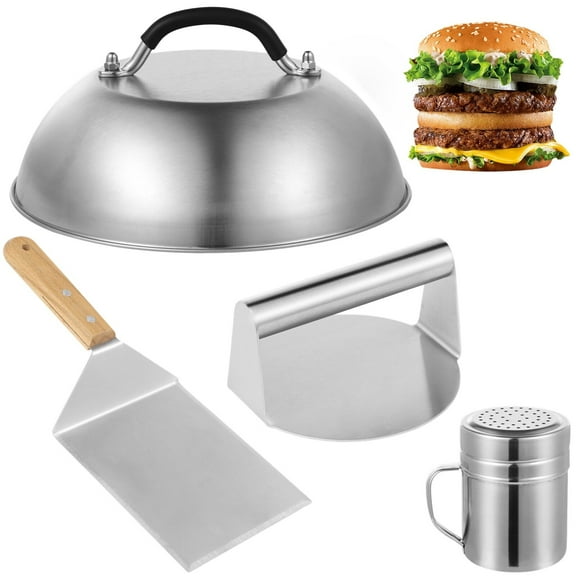 4-Piece Smash Burger Press Kit, Including Burger Press, Basting Cover, Grill Spatula, and Spice Dredge Shaker, Griddle Accessories Kit for Flat Top Griddle Grill, Hamburger Tools Set