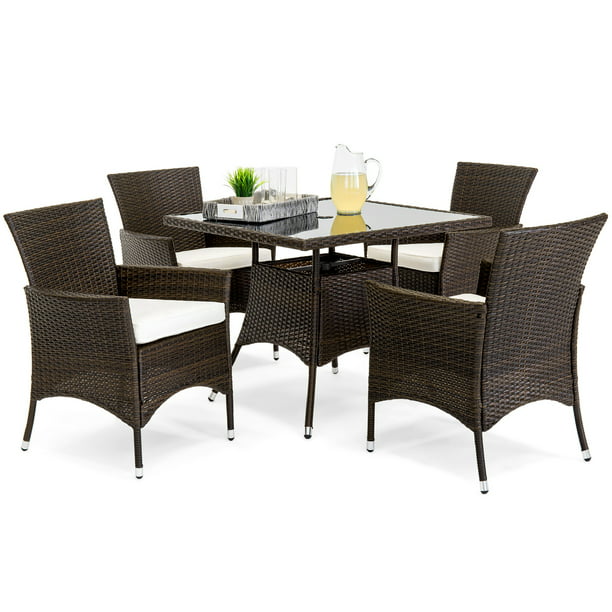 Best Choice Product 5-Piece Indoor Outdoor Wicker Patio Dining Set Furniture w/ Table, Umbrella Cut Out, 4 Chairs -Brown