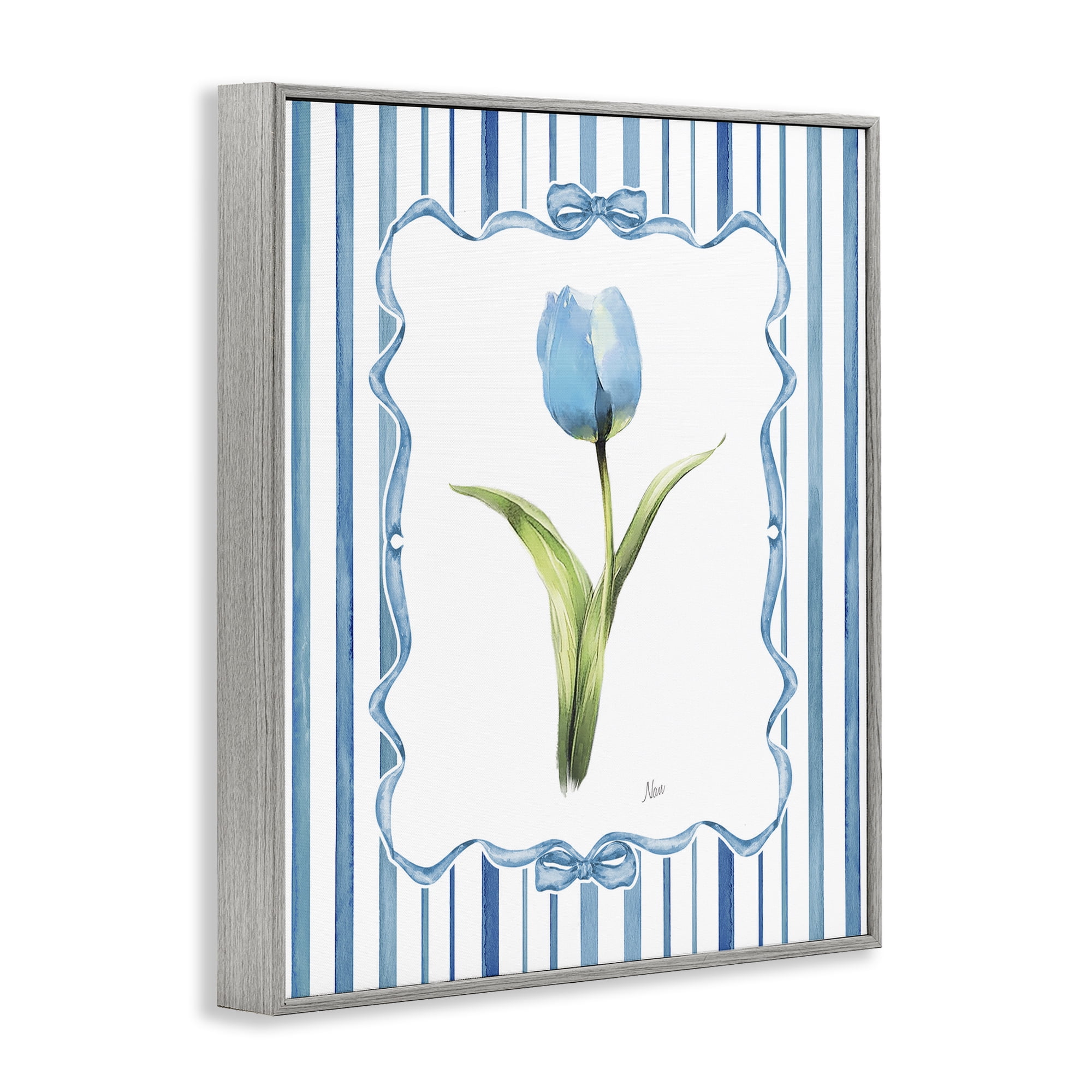 Stupell Industries Single Blue Tulip Stripes Gray Framed Giclee Art, design by Nan