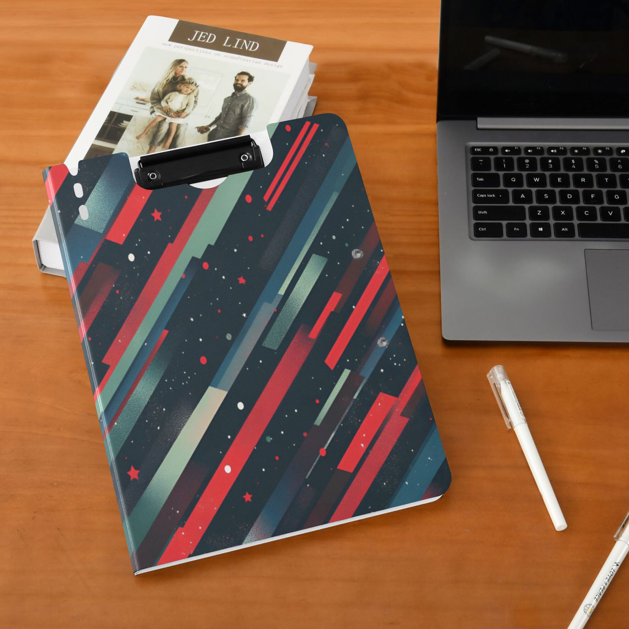 FORMRS A4 Clipboard Folder with Pen Holder Horizontal Foldable School Office Binder, Stars Abstract Lines
