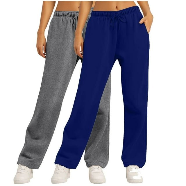 FAIWAD 2pc Straight Leg Sweatpants for Women Solid Color Elastic Waist Loose Jogger Pants with Drawstring