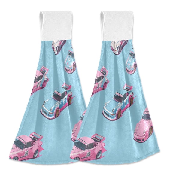 Haosy 2 Pack Kitchen Wash Cloths with Hanging Loops Absorbent Absorbent Quick Drying Hand Towels, Pink Blue Race Cars
