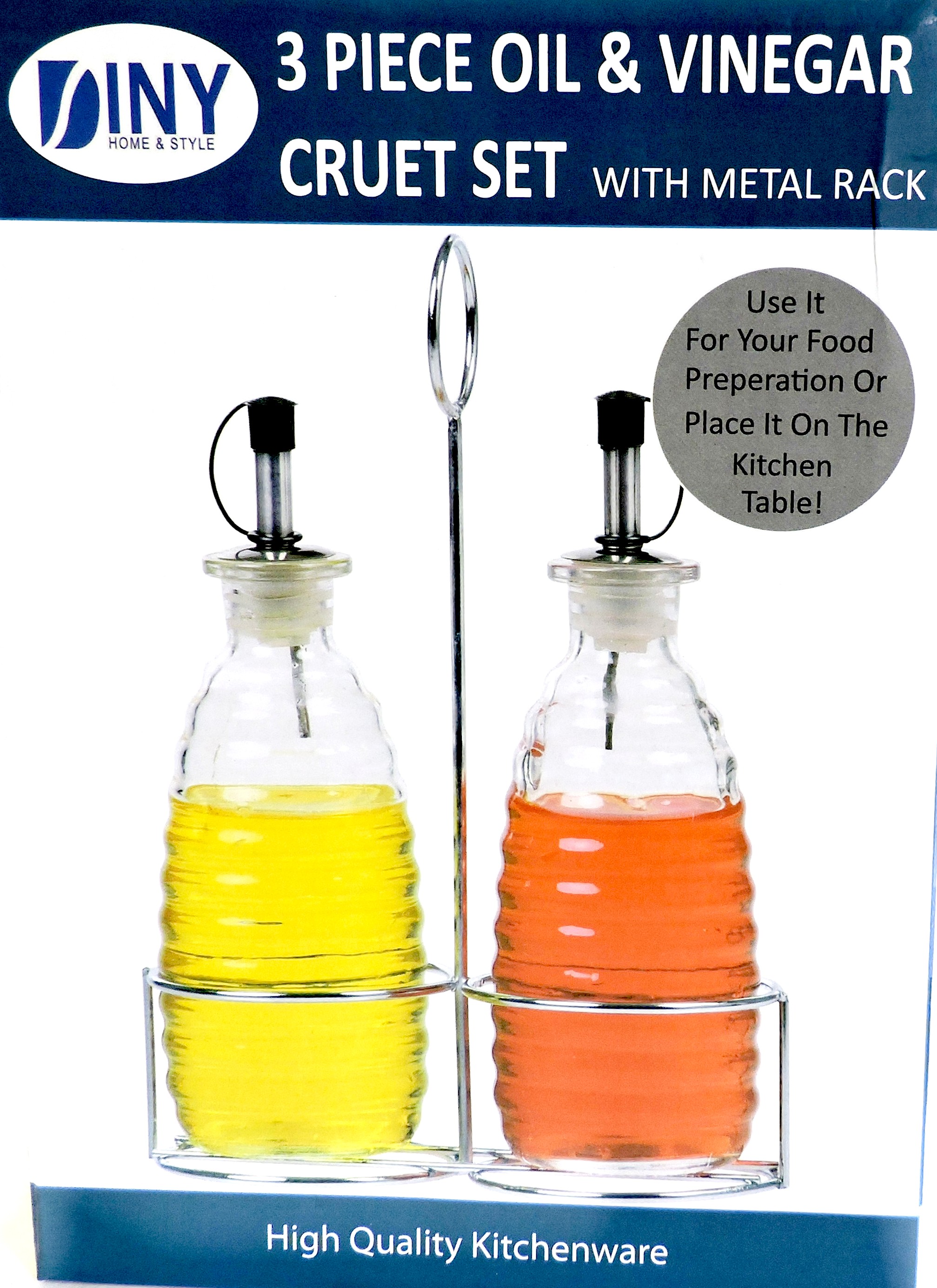 3 Piece Set Oil & Vinegar Ribbed Bottle Cruet Set with Metal Carry Rack