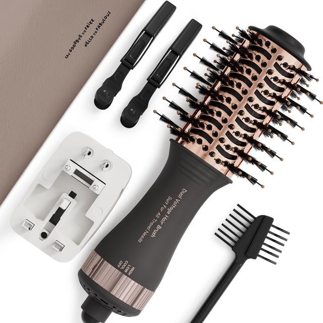 Cepillo para secador de pelo de doble voltaje, cepillo para secador de pelo de viaje en un cepillo de aire caliente con forma ovalada de 2 pulgadas, herramientas para el cabello de viaje, voluminizado
