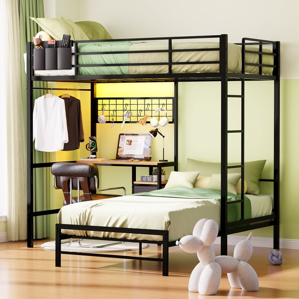 FABATO Base Cama Individual - Litera de Acero 5 en 1 con Doble Cama Individual, Escritorio, Cajón, Perchero, Malla Metálica con 6 Ganchos y Organizador de Tela - Luz LED y Conexión CA/USB (Negro)