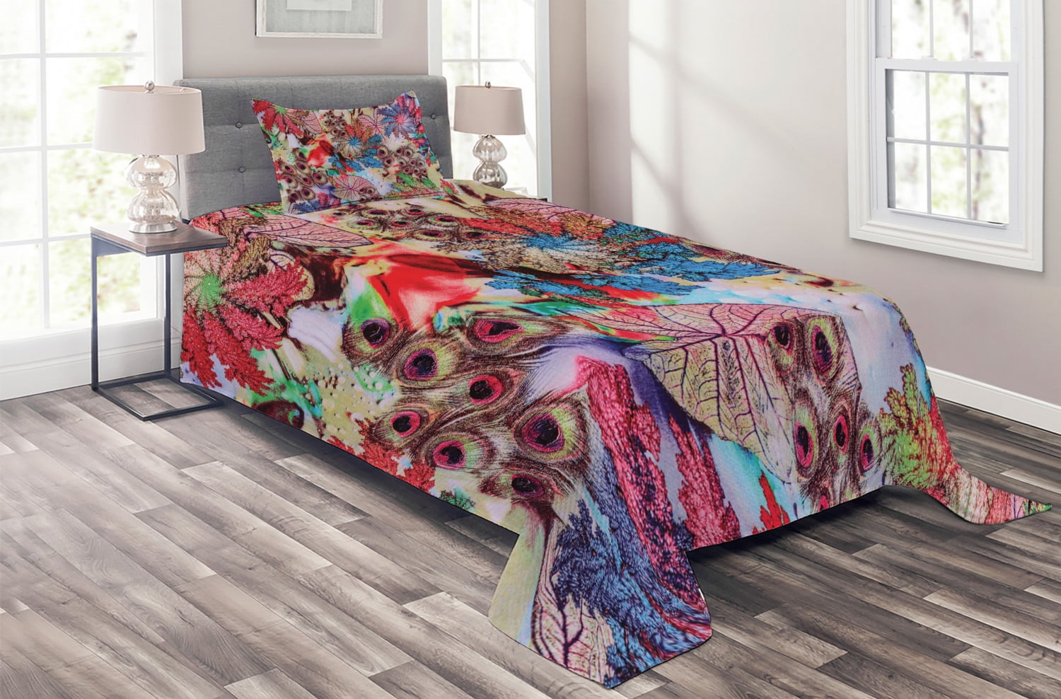 Peacock Coverlet Set, Colorful Floral Artwork with Peacock Feather
