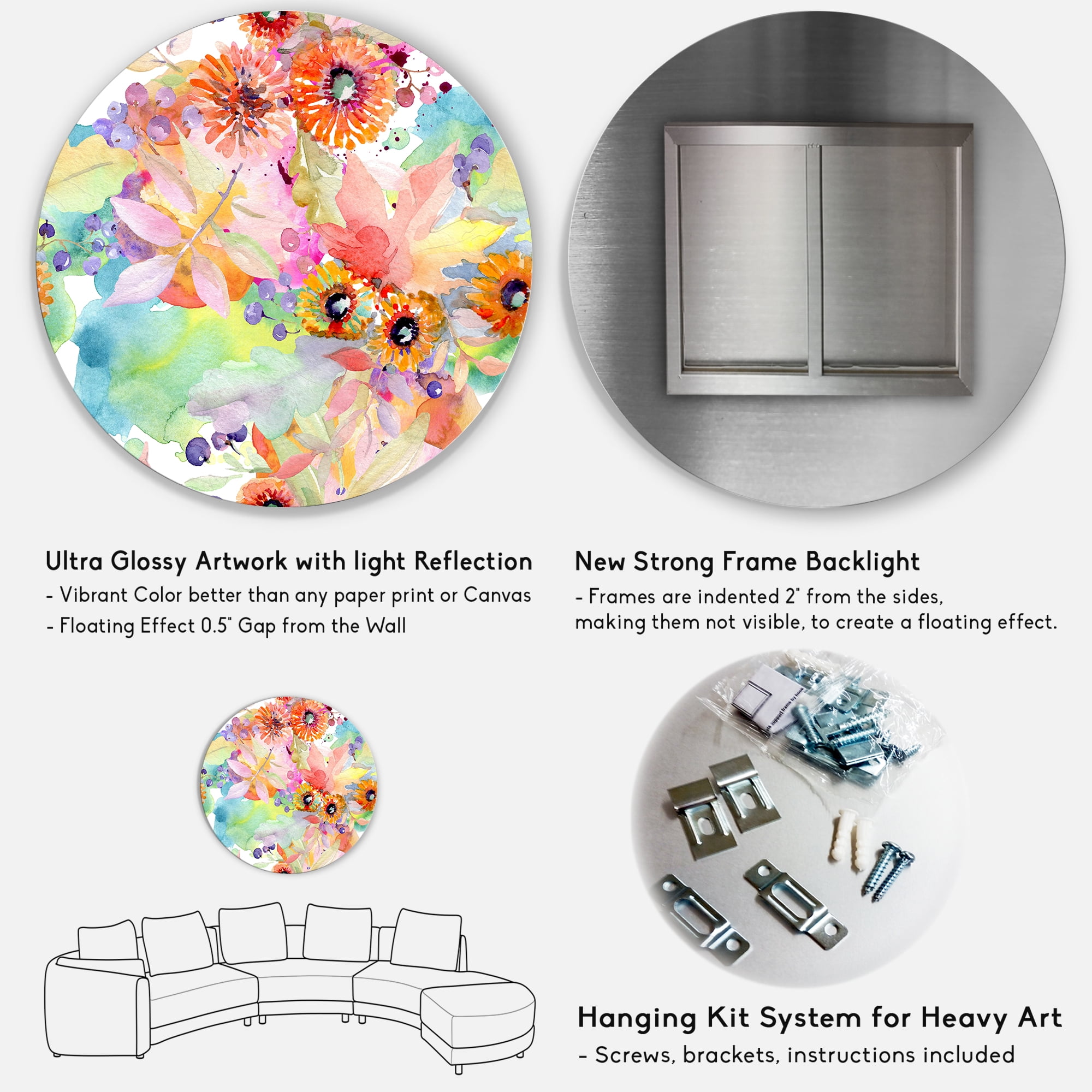 Designart 'Wildflowers and Vibrant Wild Spring Leaves I' Traditional Circle Metal Wall Art 36x36 - Disc of 36