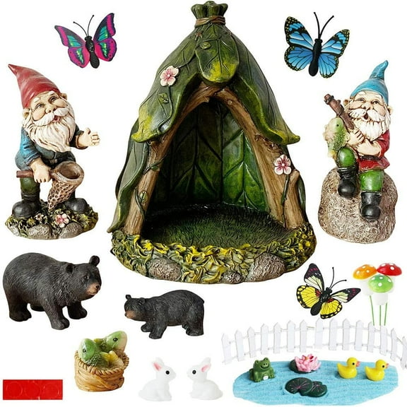Outdoor Miniature Gnome Garden Kit Fairy Village Houses Fairies Accessories Toy Set Decor Fishing Gnome Figurines Statue Patio Cake Topper for Boy Girl Mother Girlfriend Birthday Gifts