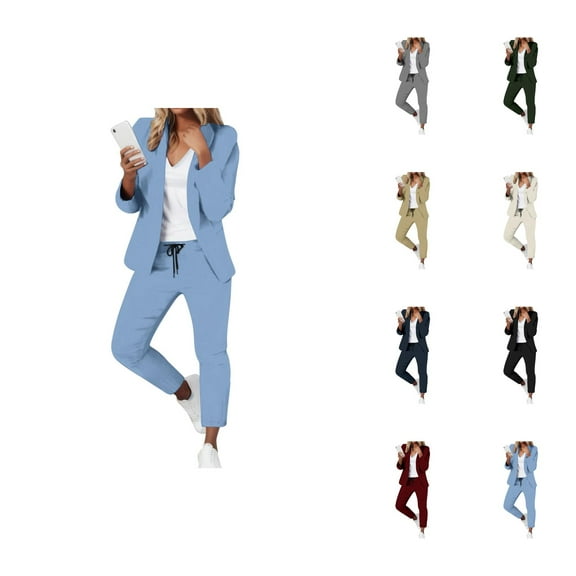 Womens Elegant Solid Color Suit Long Sleeve Cardigan Pockets Top Elastic Straight Leg Pants Suit Capri For Women Casual Summer