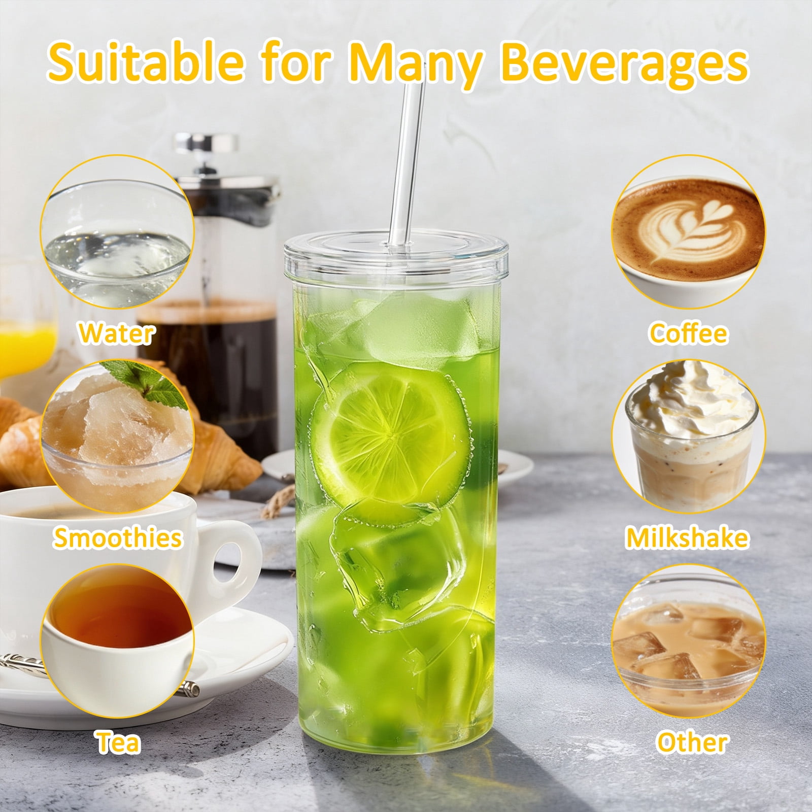 Koomade 2-Pack 20oz Clear Plastic Tumblers with Straws, Shatter-Resistant
