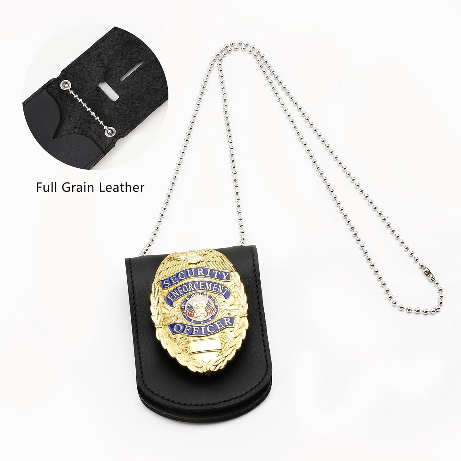 Police Badge Holder, Cowhide Leather Universal Police Badge Holder Pocket Case with Clear ID Window and Inside Card Slot, Hook and Loop Closure and Stainless Bead Chain Necklace - Rectangle