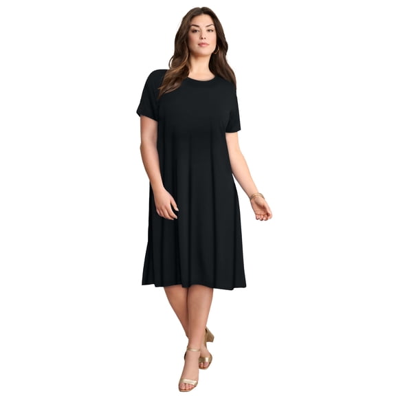 Roaman's Women's Plus Size Stretch Knit Short Sleeve Swing Dress With Pockets