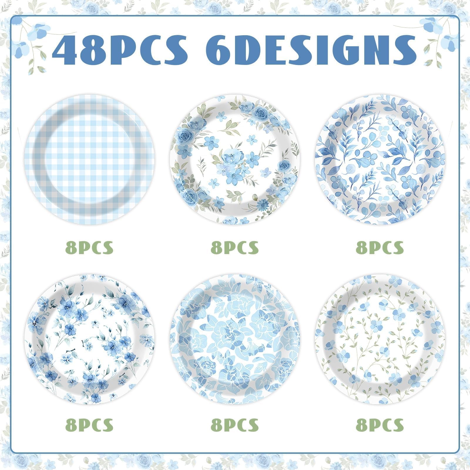 Justforjoyful 48pcs Spring Blue Floral Paper AFN1Plates Tea Party Decorations Disposable Vintage Flower Party Dinnerware Tableware Set 7 Inch