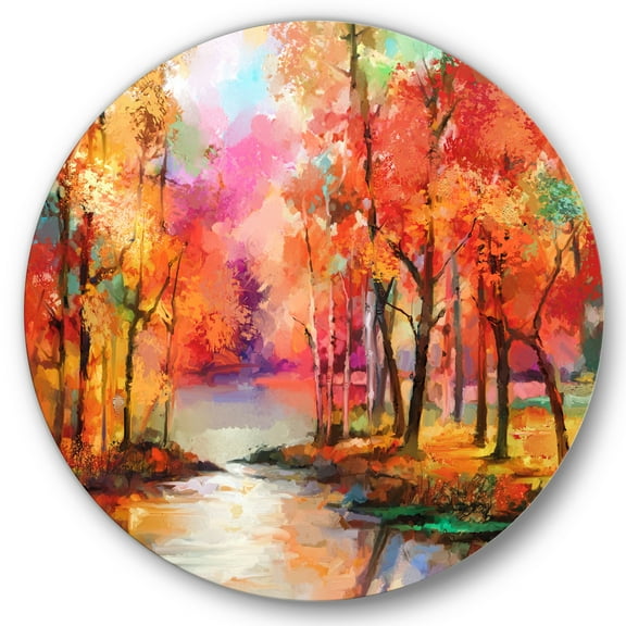Designart 'The Lake In Autumn By Colorful Autumn Trees' Modern Circle Metal Wall Art 36x36 - Disc of 36
